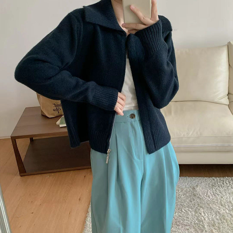 Solid color lapel zipper sweater