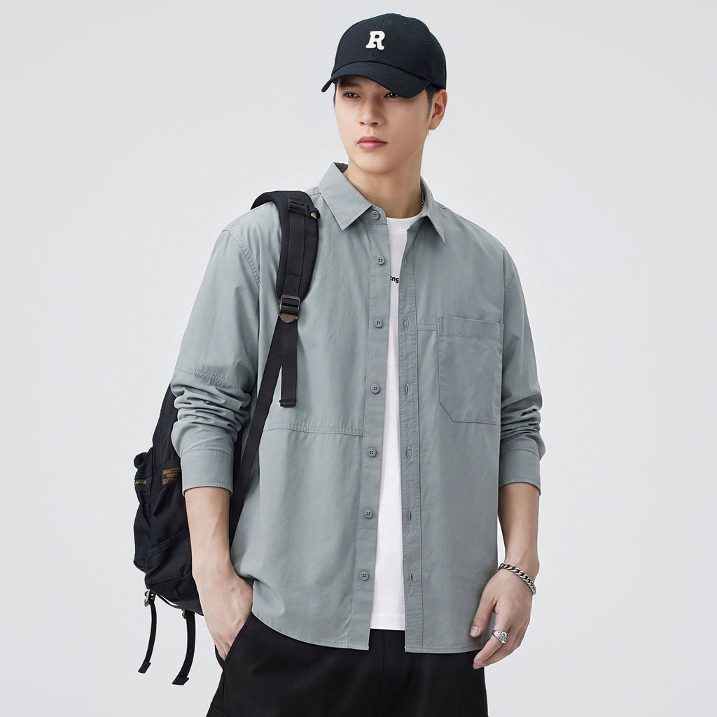 Men's Casual Solid Color Long Sleeve Loose Fit Cotton Shirt