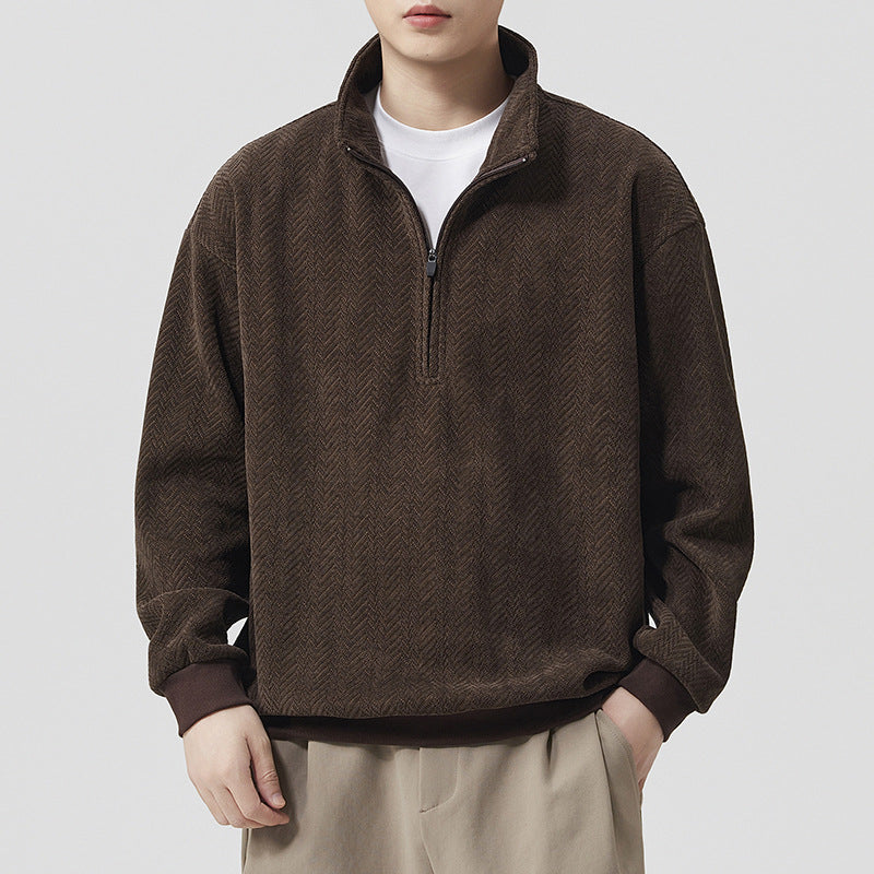 Premium Textured Half-High Neck Zip-Up Hoodie Men Heavyweight Trendy Sweatshirt Large Size Spring Autumn