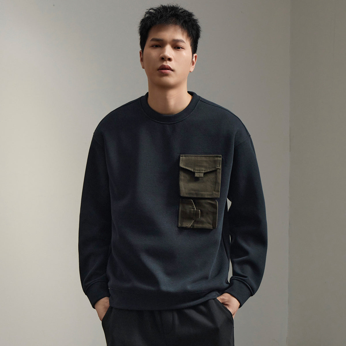 Men'sVintage Color-Block Pocket Sweatshirt Long Sleeve Casual Pullover Top