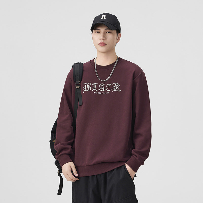 Men's Casual Burgundy Letter Print Long Sleeve Round Neck Sweatshirt