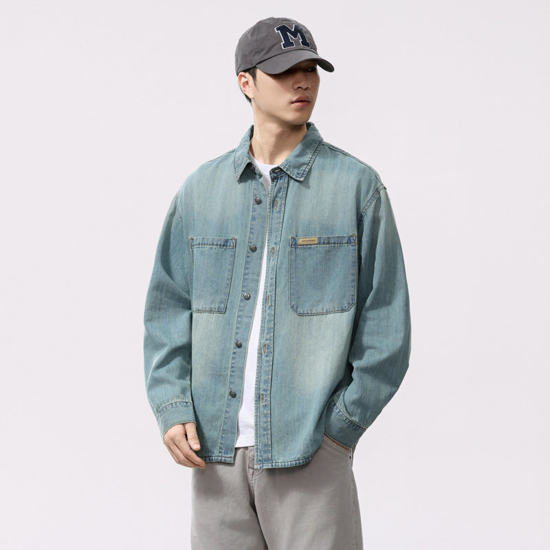 Men's Long Sleeve Tencel Slub Denim Shirt Loose Fit Casual Outerwear
