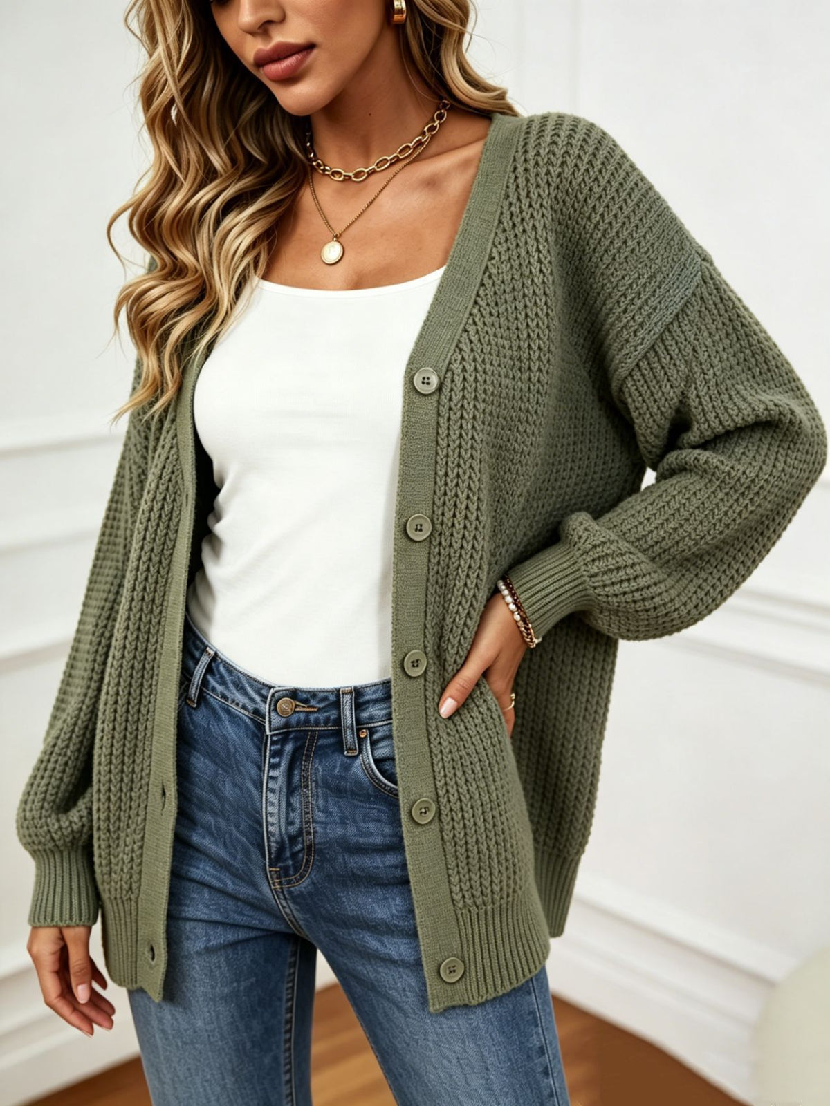 V-neck cardigan single breasted solid color sweater