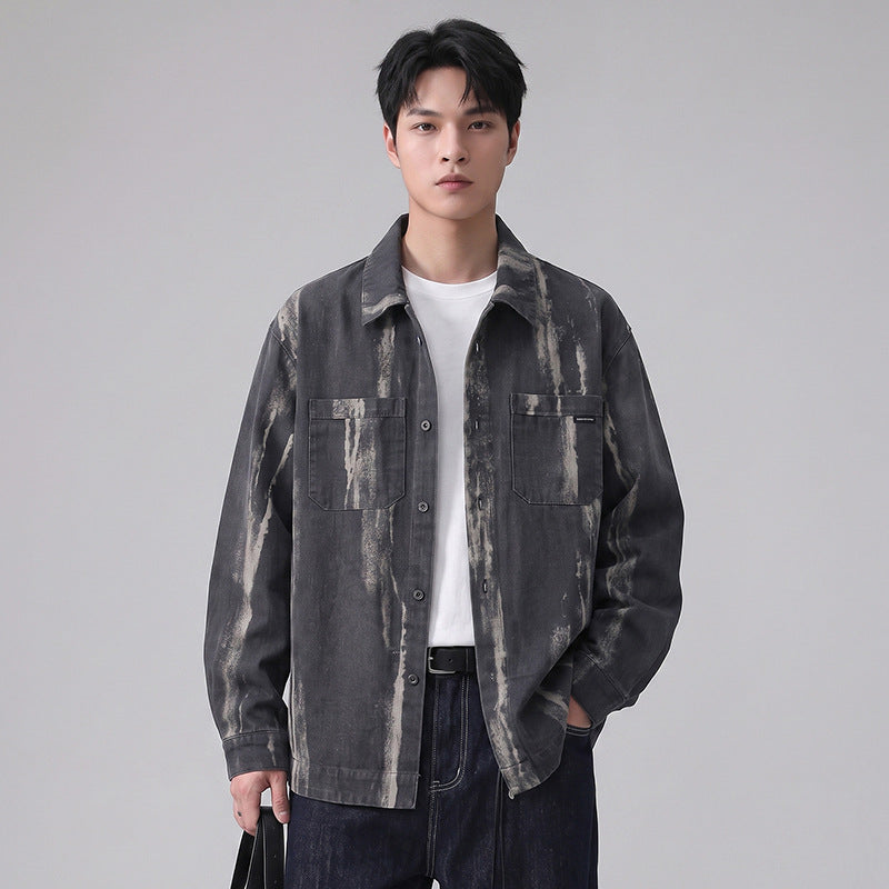 Men's Casual Tie-Dye Long Sleeve Collared Loose Irregular Shirt Jacket