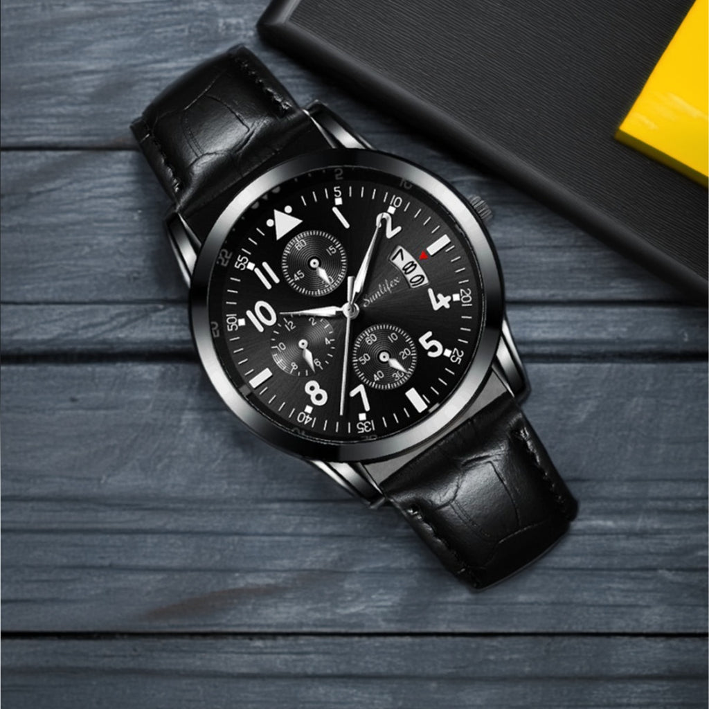 New Men's Watch Student Men's Night Light Waterproof Sports Leather Strap Black Quartz Watch