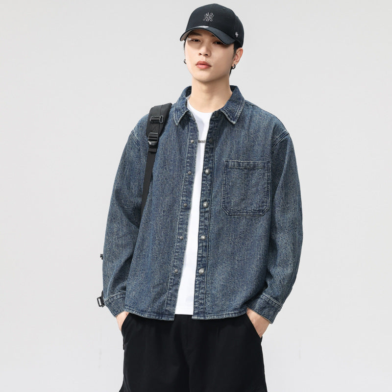 Style Heavyweight Textured Washed Denim Shirt Jacket for Men