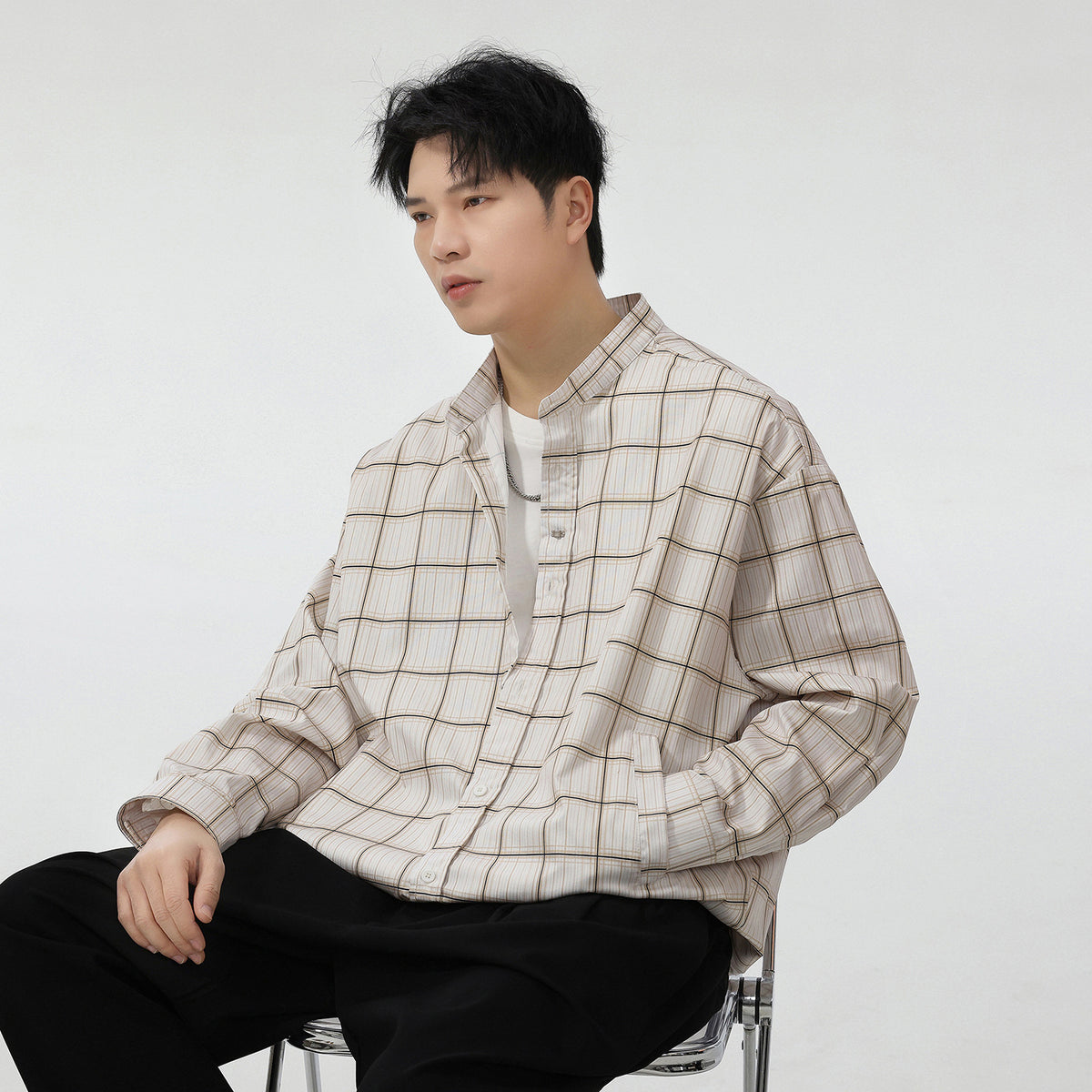 Casual Plaid Long Sleeve Stand Collar Shirt for Men