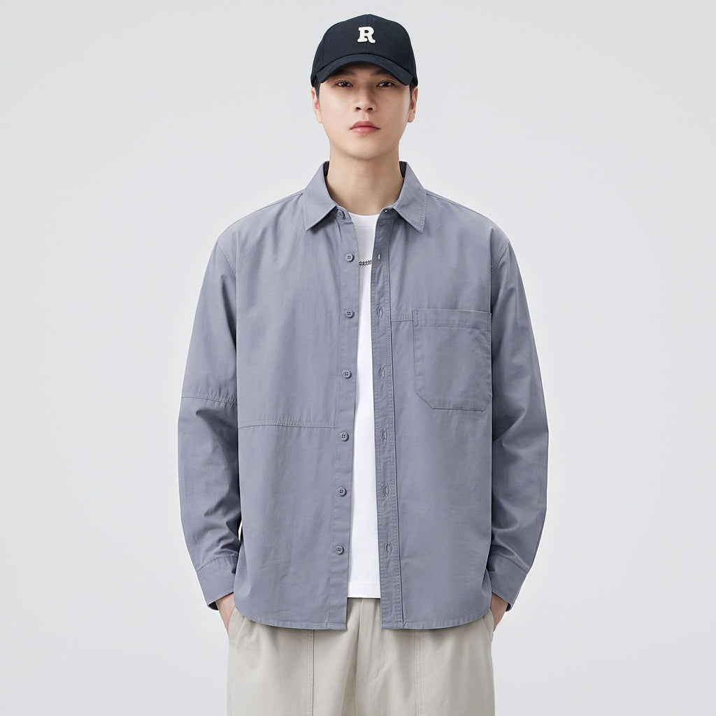 Men's Casual Solid Color Long Sleeve Loose Fit Cotton Shirt
