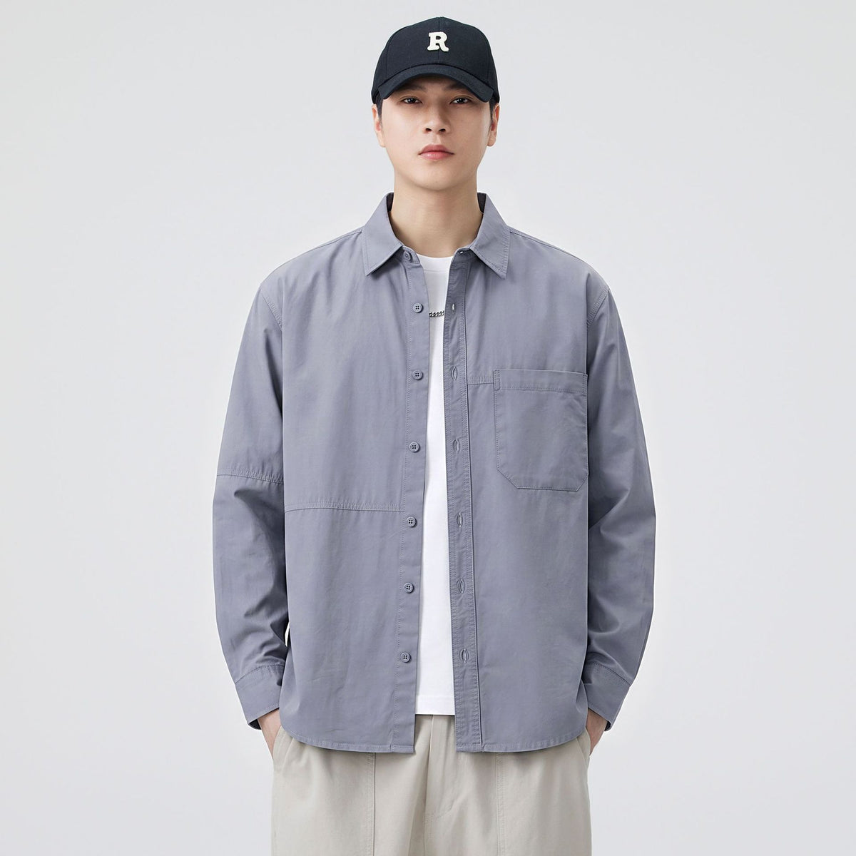 Men's Casual Solid Color Long Sleeve Loose Fit Cotton Shirt