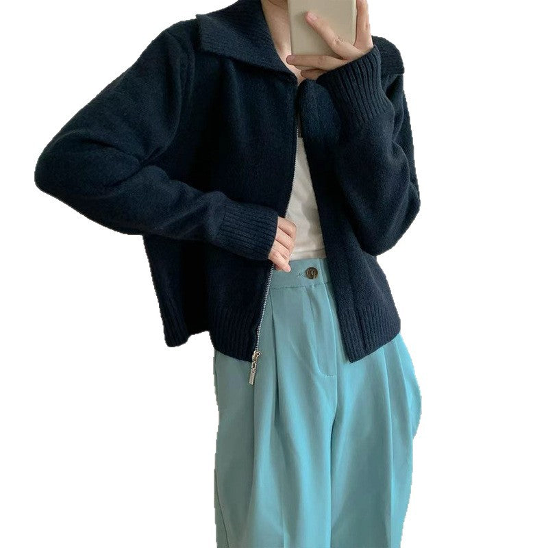 Solid color lapel zipper sweater