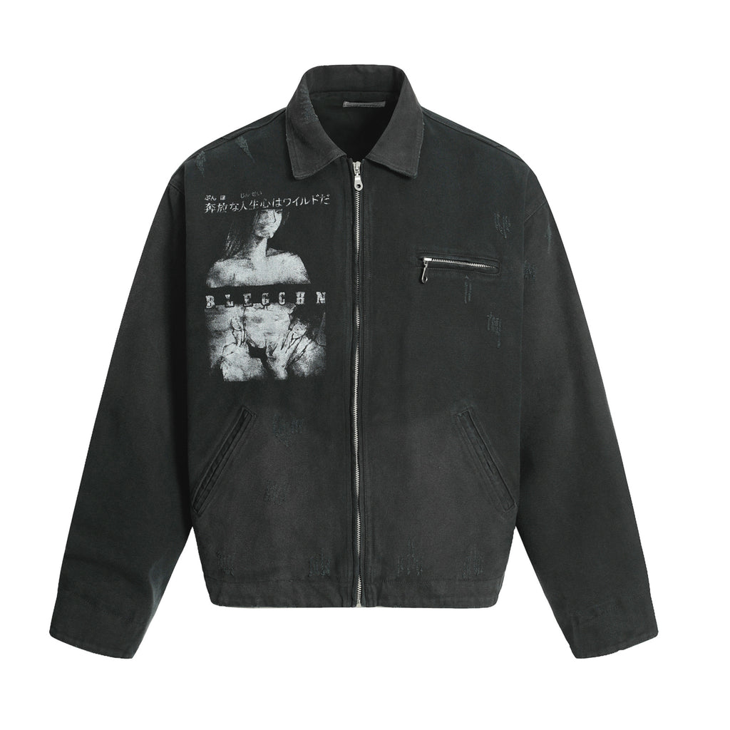 Workwear Jacket with Japanese Portrait Print, Zipper Lapel Retro Unisex Outerwear
