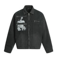 Workwear Jacket with Japanese Portrait Print, Zipper Lapel Retro Unisex Outerwear
