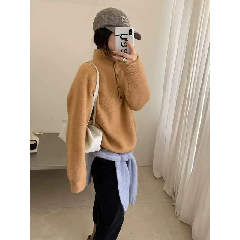 High neck half button pullover sweater for women