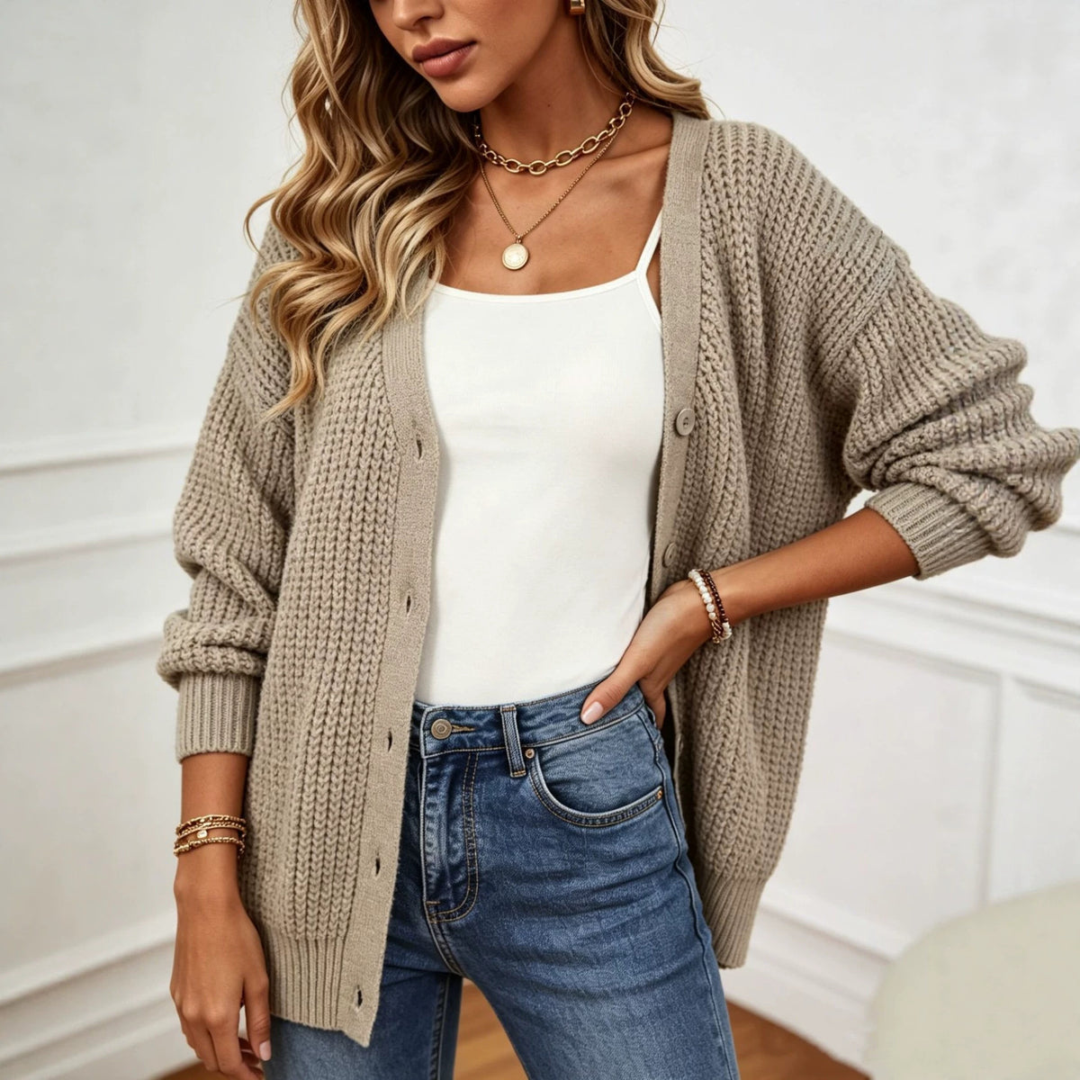 V-neck cardigan single breasted solid color sweater