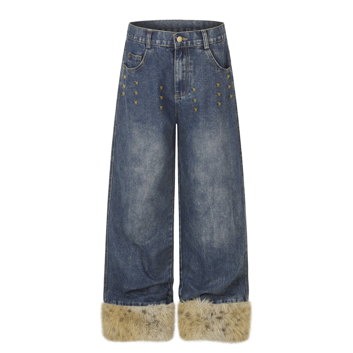 Wide Leg High Waist Washed Distressed Denim Jeans with Rivets and Frayed Hems for Women