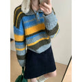 Contrast striped polo collar pullover sweater