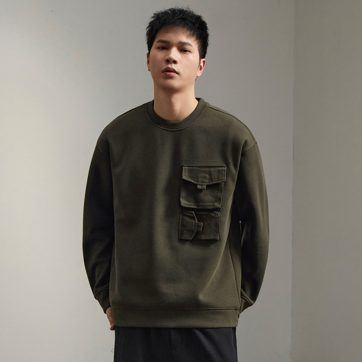 Men'sVintage Color-Block Pocket Sweatshirt Long Sleeve Casual Pullover Top