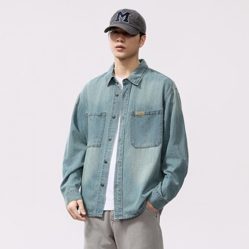 Men's Long Sleeve Tencel Slub Denim Shirt Loose Fit Casual Outerwear
