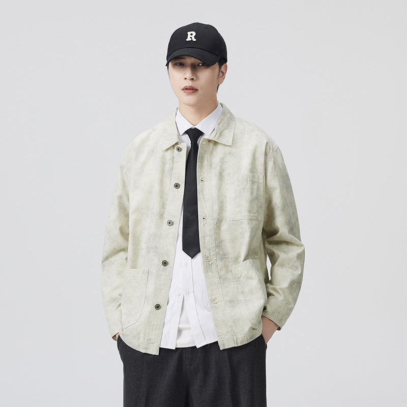 Men's Premium Heavyweight Cotton Workwear Jacket, Loose Fit Plus Size Vintage Washed Collared Shirt Jacket, Fall