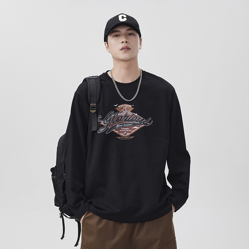 Men's Retro  Letter Print Long Sleeve Crew Neck T-Shirt
