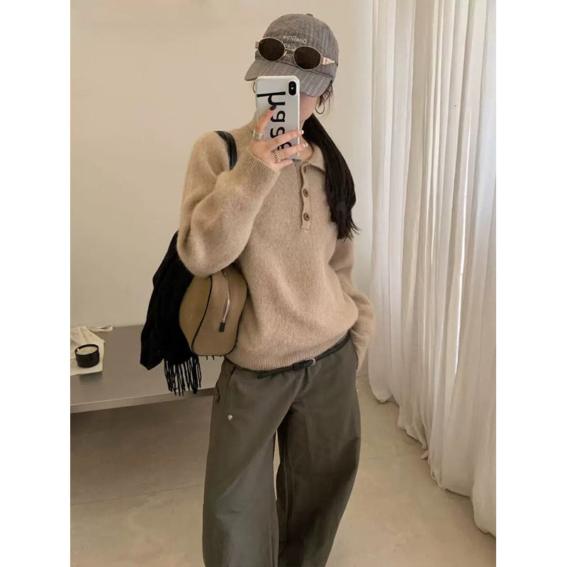 High neck half button pullover sweater for women