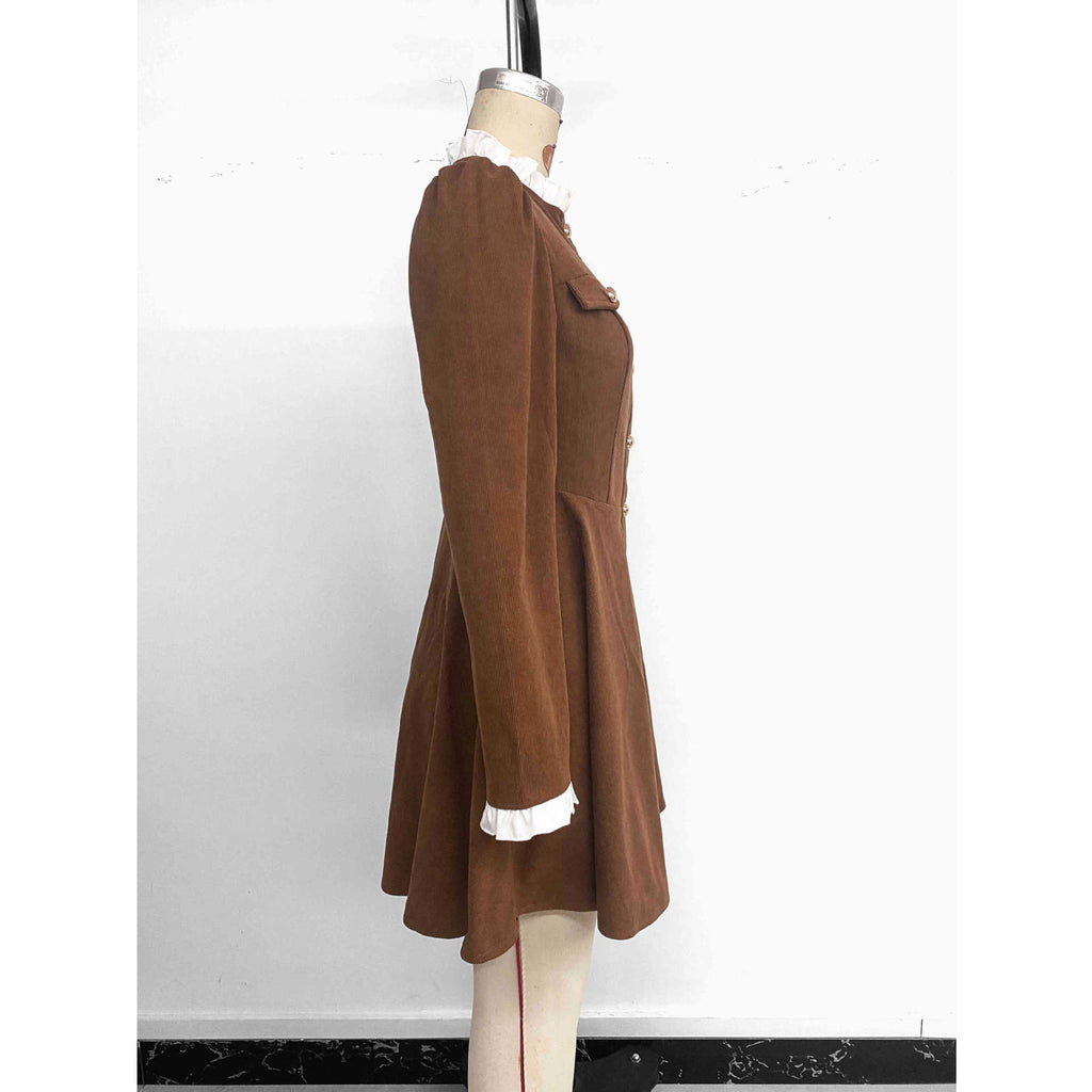 Elegant Tailored Corduroy Long Sleeve Ruffle Short Dress
