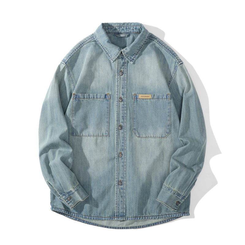 Men's Long Sleeve Tencel Slub Denim Shirt Loose Fit Casual Outerwear