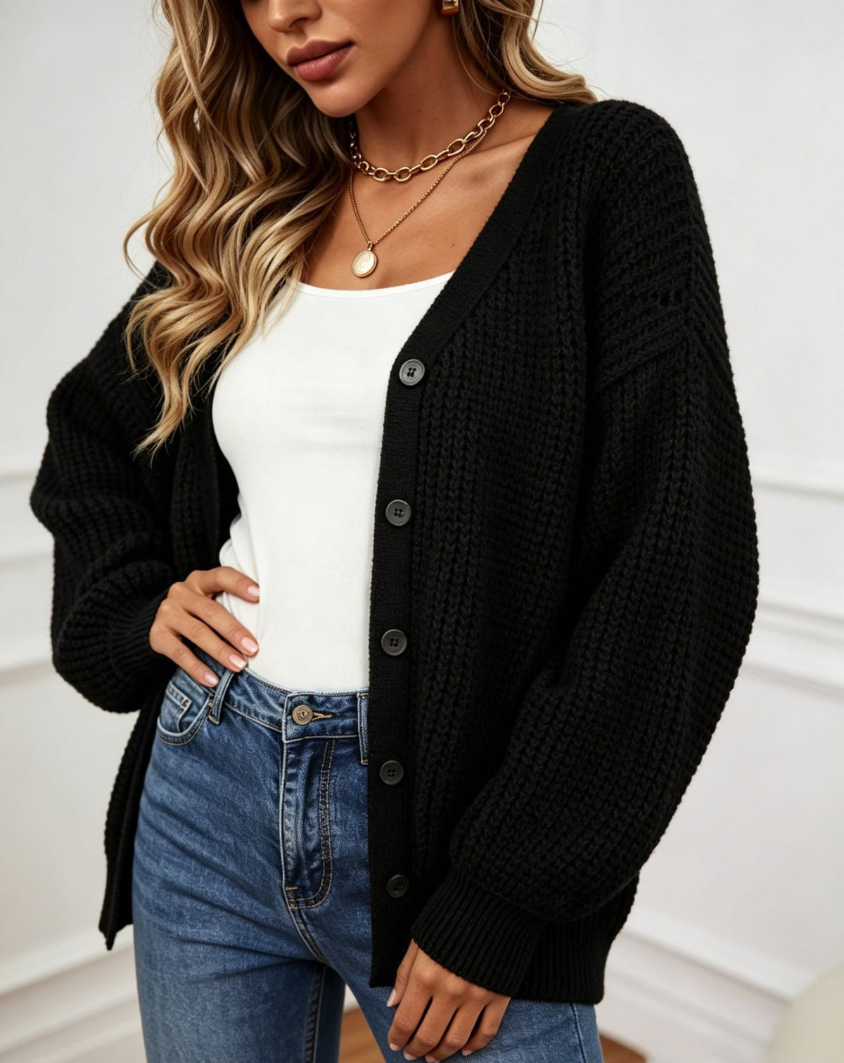 V-neck cardigan single breasted solid color sweater