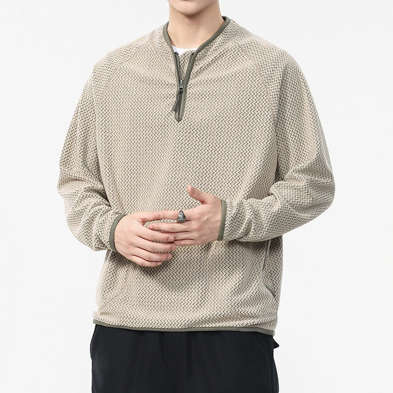 Men's Minimalist Wavy Fleece Long Sleeve Half-Open Collar Sweatshirt