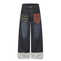 Plaid Patchwork Pocket Fleece-Lined Washed Denim Jeans Unisex Letter Embroidery Loose Wide Leg Pants