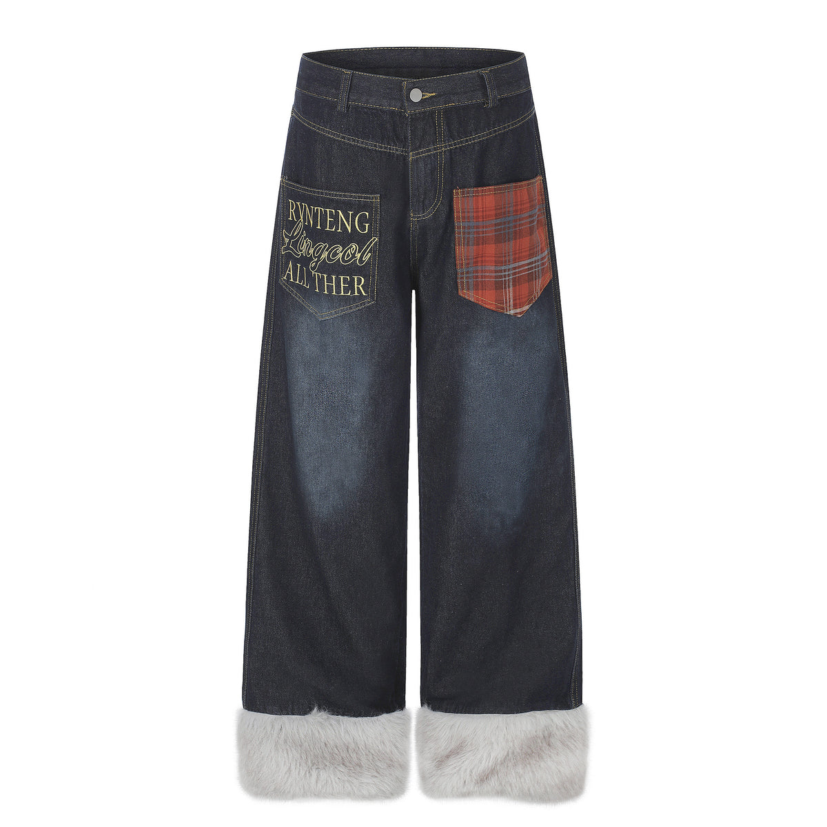 Plaid Patchwork Pocket Fleece-Lined Washed Denim Jeans Unisex Letter Embroidery Loose Wide Leg Pants