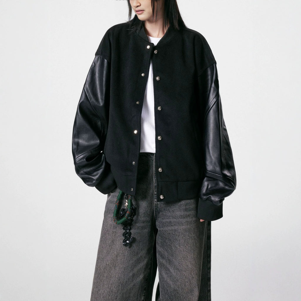 Leather Baseball Jacket Loose Fit Casual Spring Autumn Outerwear