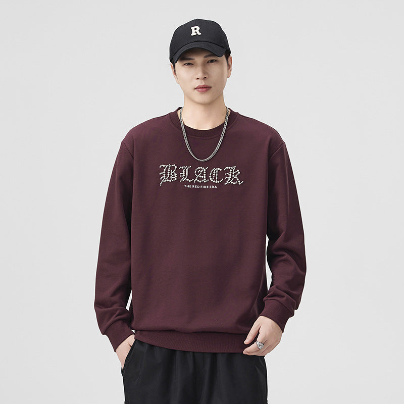 Men's Casual Burgundy Letter Print Long Sleeve Round Neck Sweatshirt