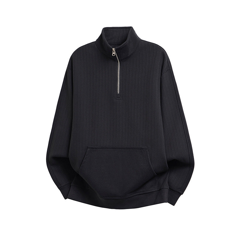 Men's Black Casual Long Sleeve Half Zip Polo Collar Sweatshirt