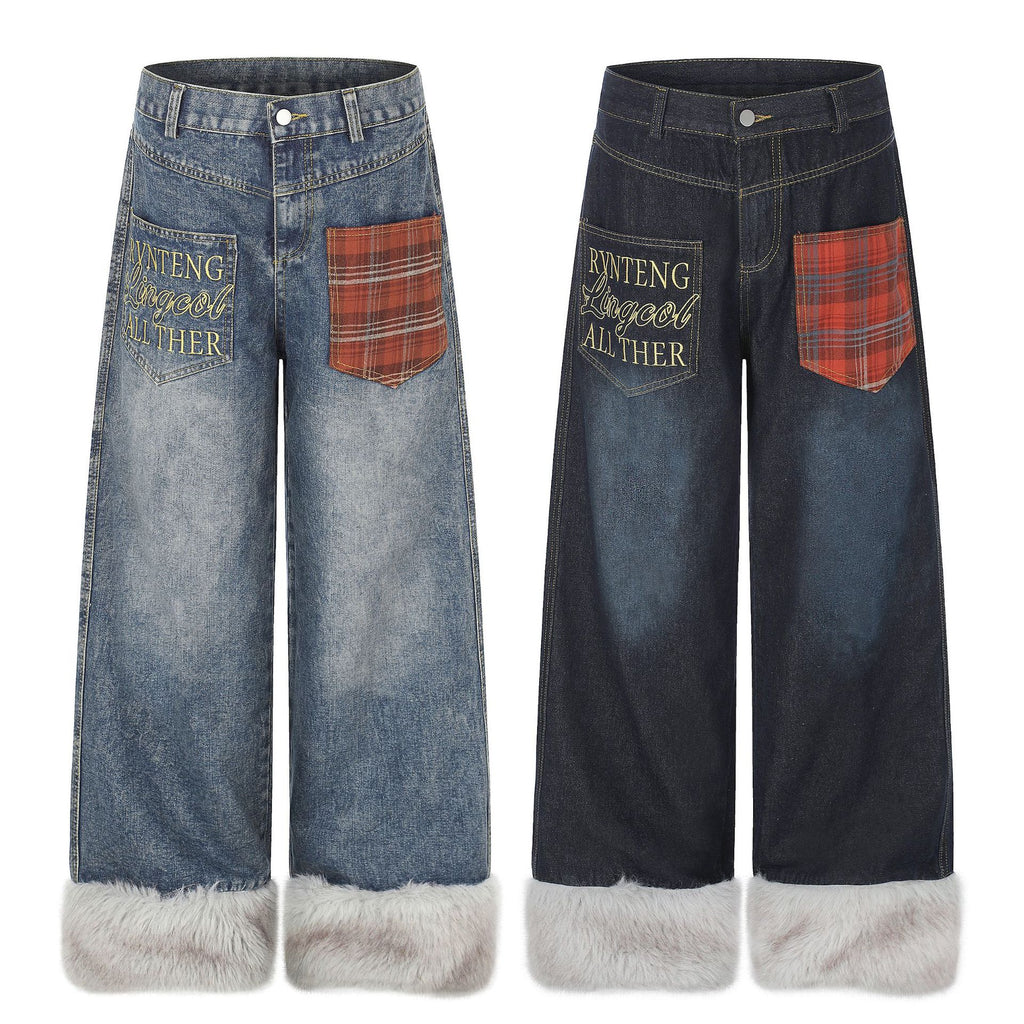 Plaid Patchwork Pocket Fleece-Lined Washed Denim Jeans Unisex Letter Embroidery Loose Wide Leg Pants