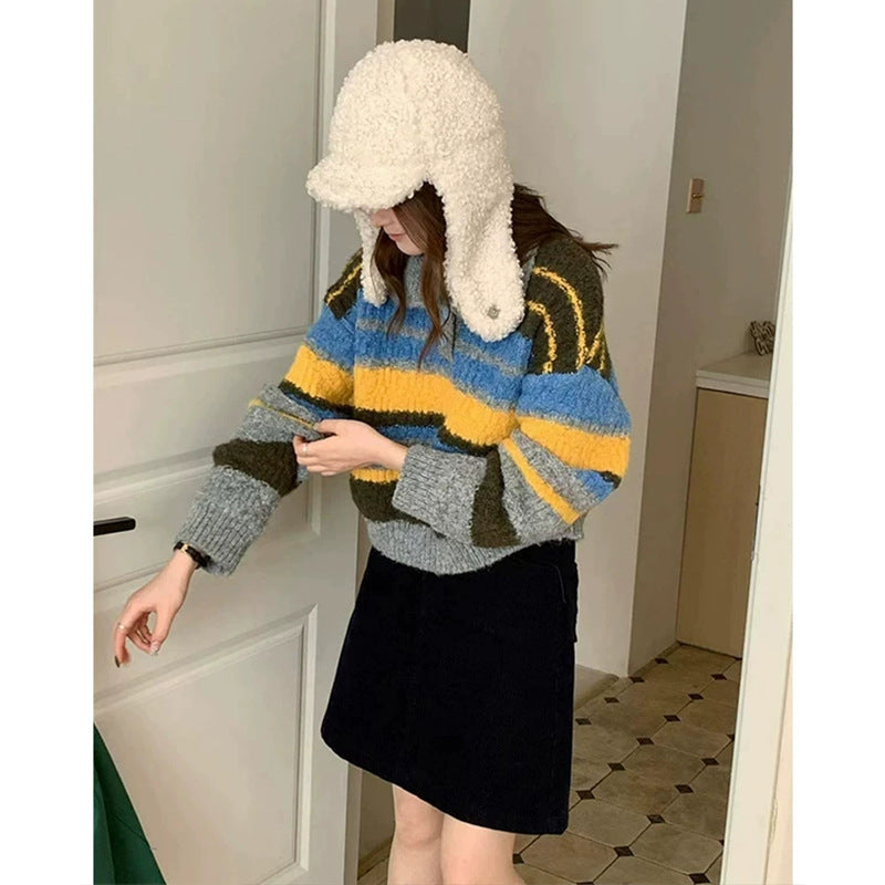 Contrast striped polo collar pullover sweater