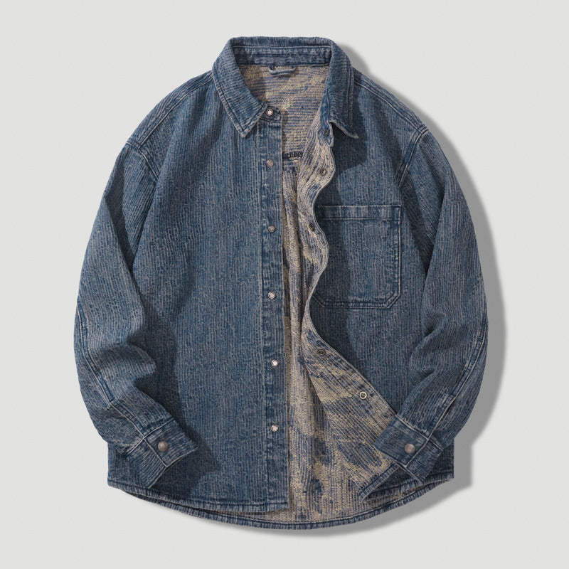 Style Heavyweight Textured Washed Denim Shirt Jacket for Men