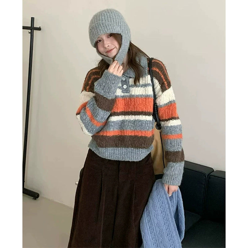 Contrast striped polo collar pullover sweater