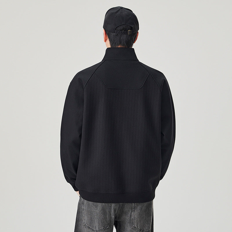 Men's Black Casual Long Sleeve Half Zip Polo Collar Sweatshirt
