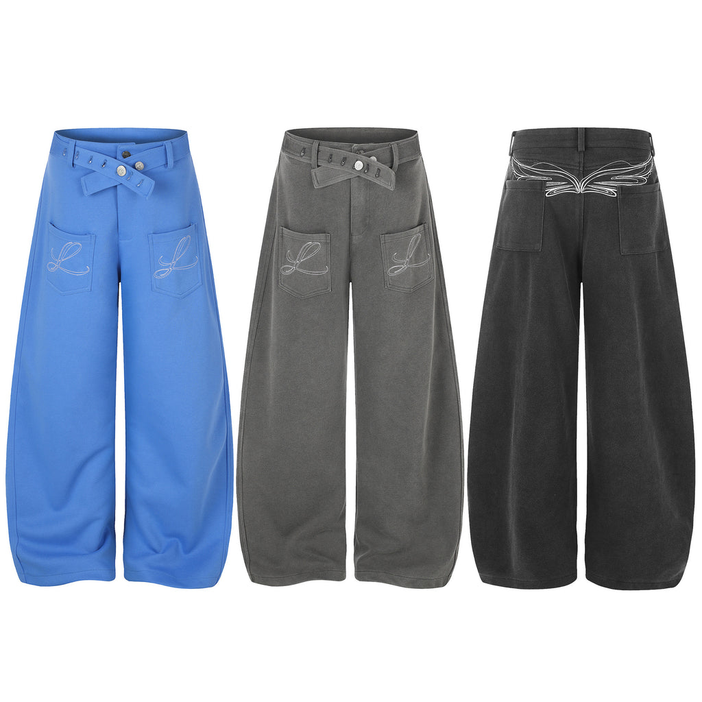 Washed Cross Waist Butterfly Embroidery Wide Leg Pants