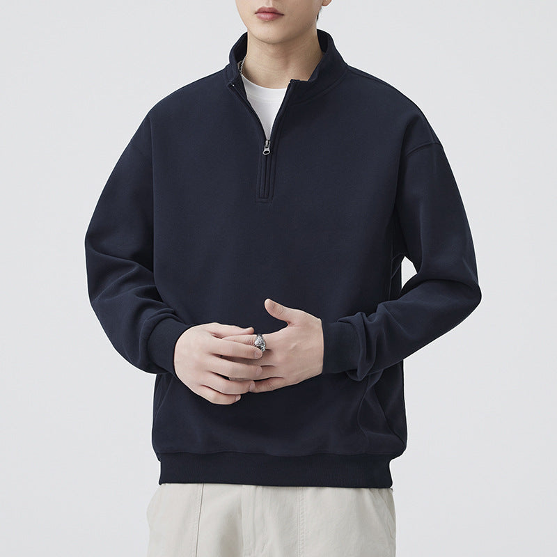 Casual Plain Weave Long Sleeve Half-Zip Stand Collar Heavyweight Rabbit Wool Blend Sweatshirt