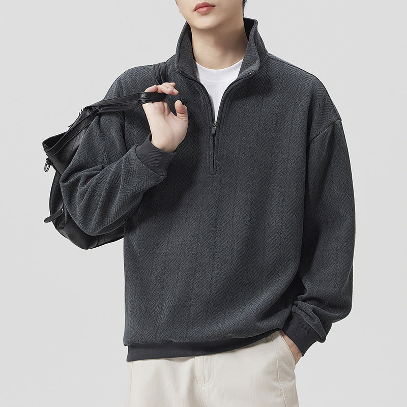 Premium Textured Half-High Neck Zip-Up Hoodie Men Heavyweight Trendy Sweatshirt Large Size Spring Autumn