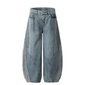 Washed Distressed Unisex Jeans Side Webbing Striped Oversized Wide Leg Tapered Pants