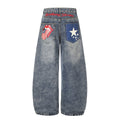 Vibe Washed Patchwork Print High Waist Loose Drape Wide Leg Jeans