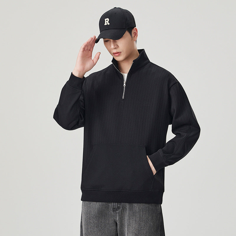 Men's Black Casual Long Sleeve Half Zip Polo Collar Sweatshirt