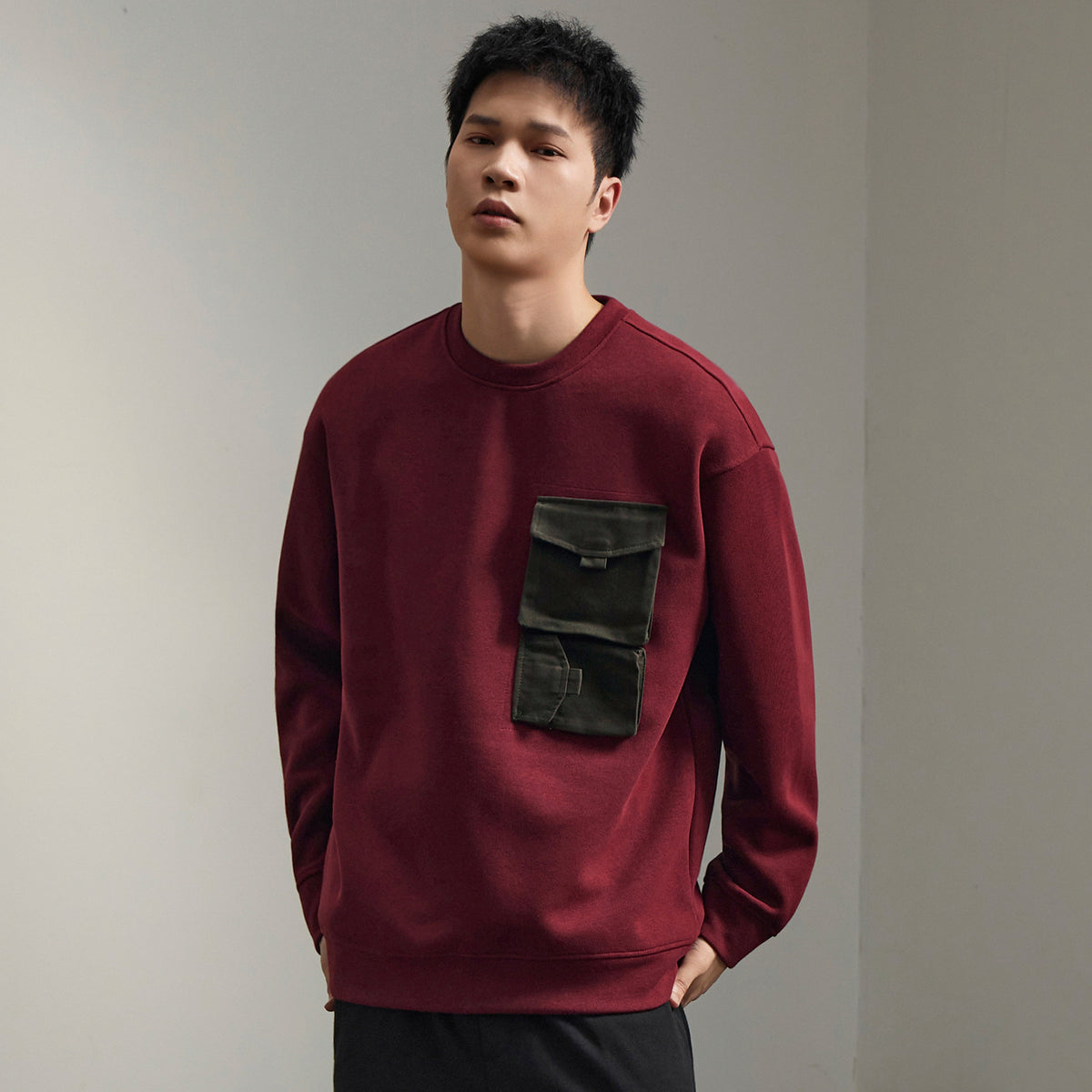 Men'sVintage Color-Block Pocket Sweatshirt Long Sleeve Casual Pullover Top