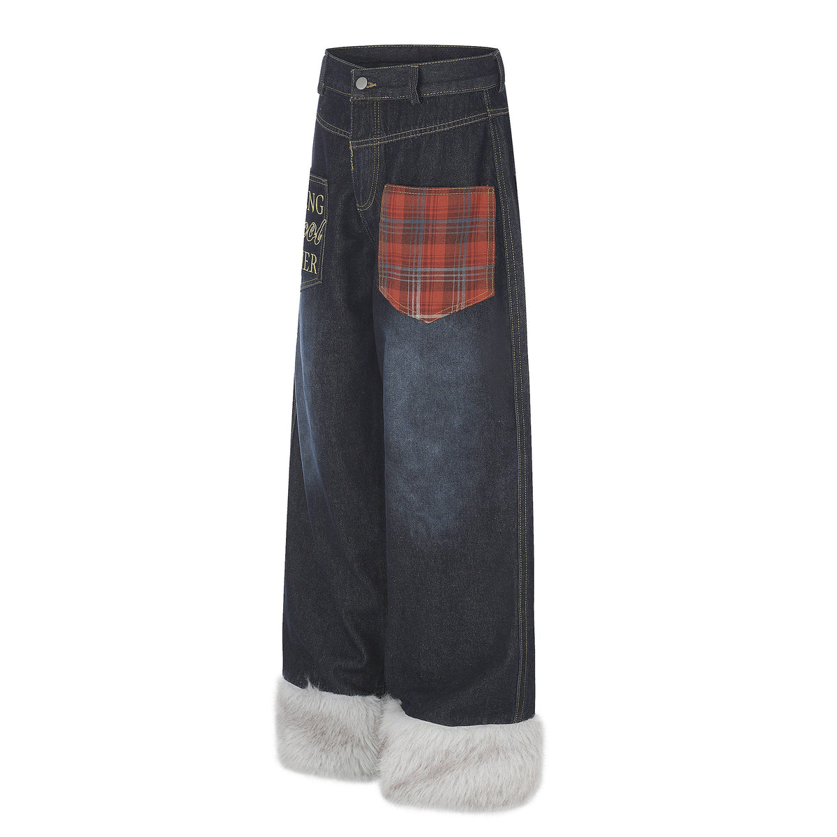 Plaid Patchwork Pocket Fleece-Lined Washed Denim Jeans Unisex Letter Embroidery Loose Wide Leg Pants