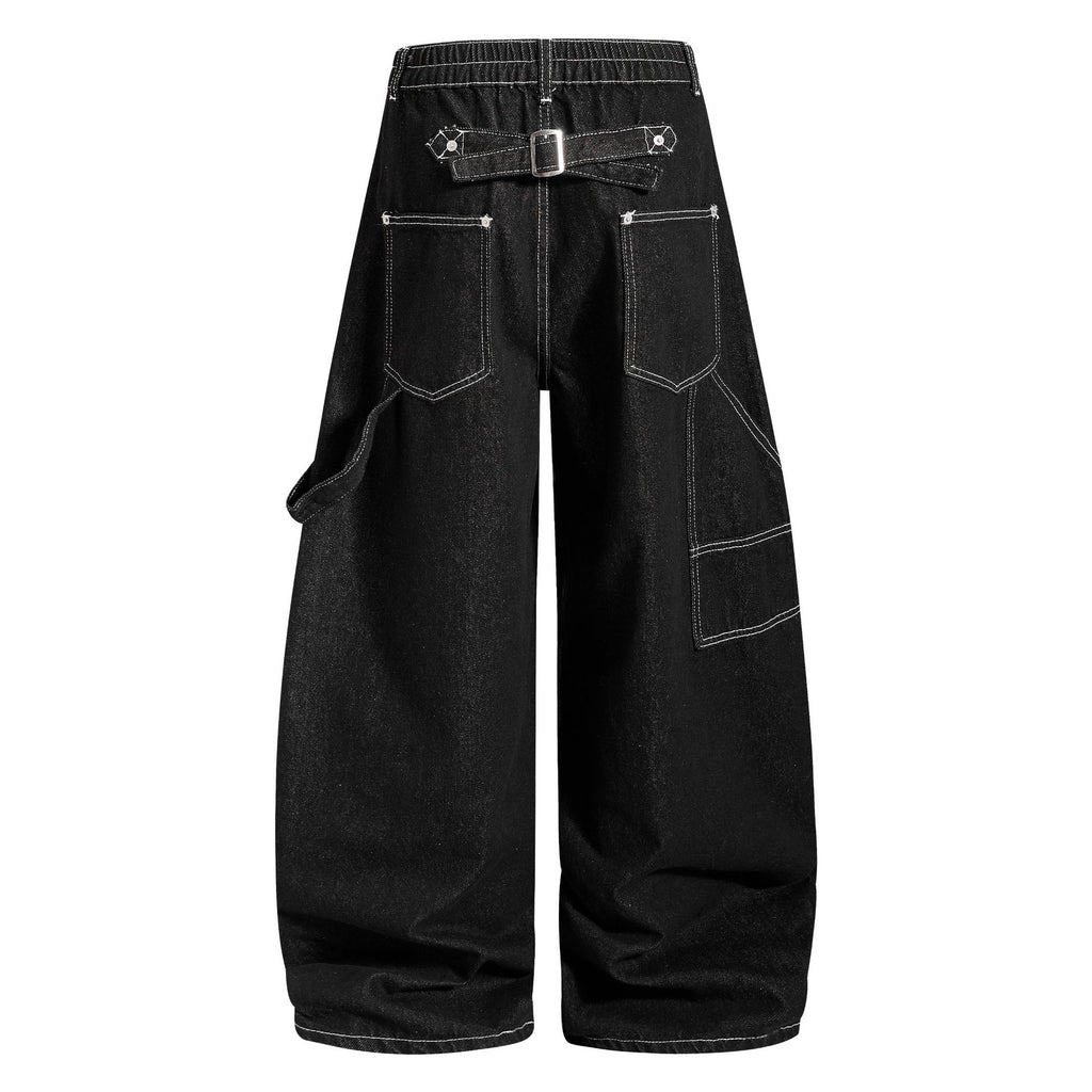 Deconstructed Cargo Denim Jeans Unisex Contrast Stitching Wide Leg Loose Pants with Buckle Belt