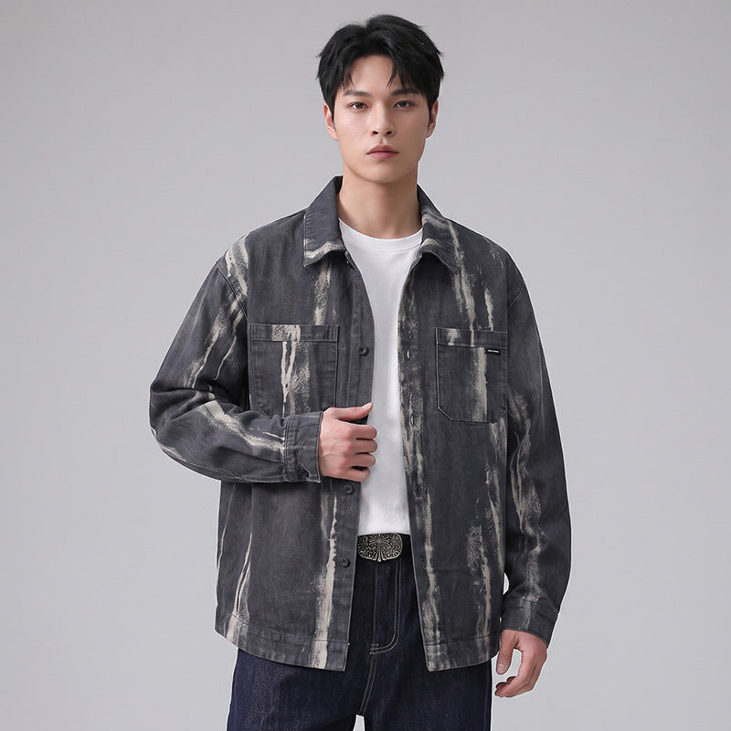 Men's Casual Tie-Dye Long Sleeve Collared Loose Irregular Shirt Jacket