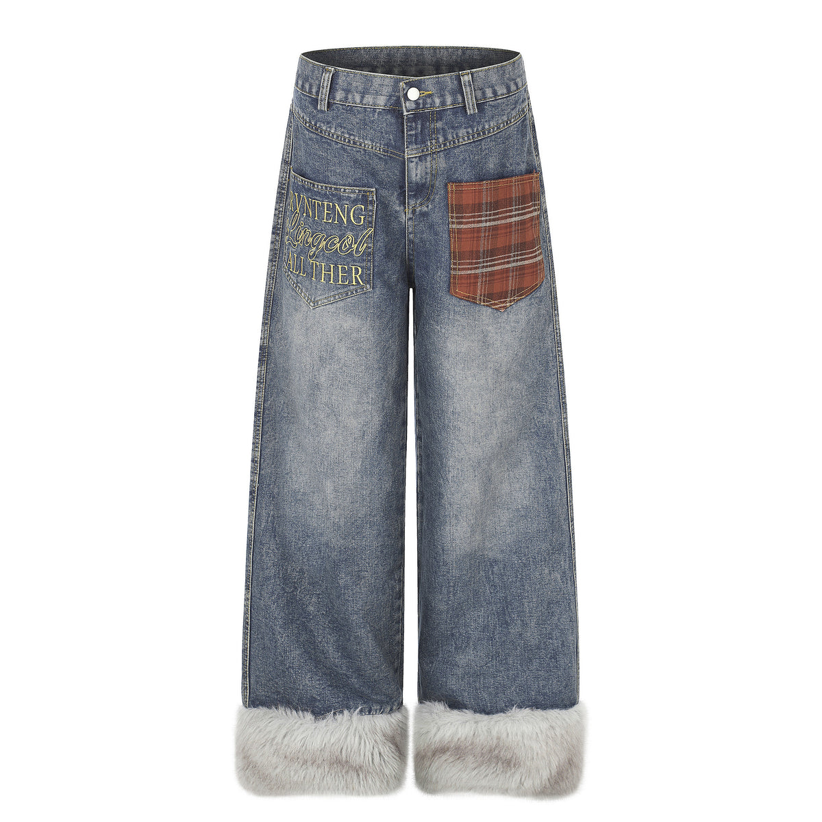 Plaid Patchwork Pocket Fleece-Lined Washed Denim Jeans Unisex Letter Embroidery Loose Wide Leg Pants